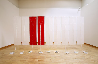 <em>44° 58' 24" N / 93° 14' 13" W</em>, 2004, ripstop nylon, fiberglass, string, 22' x 9' 6" x 3' 6”, installation: Weisman Art Museum, Minneapolis, MN