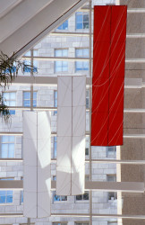 <em>37° 47' 30" N / 122° 23' 50" W</em>, 2003, ripstop nylon, fiberglass, string, 100' x 30' x 20’, installation: 101 California Street, San Francisco, CA