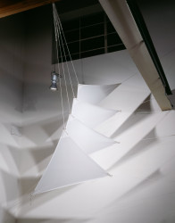 <em>38° 34' 20" N / 121° 25' 50" W</em>, 2002, sailcloth, string, 180" x 132" x 120”, installation: JayJay Gallery, Sacramento, CA