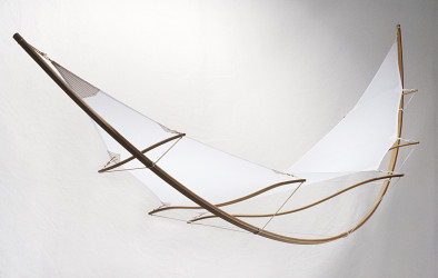 untitled kite, 1998, dacron and kevlar sailcloth, oak and cherry, string, 104" x 46" x 44"