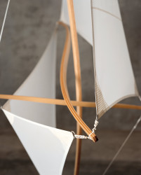 38° <em>53' N / 77° 02' W ~ 45° 24' N / 75° 43' W</em>, 1999, laminated ash and cherry, sailcloth, string, cable, 6 individual pieces, average dimensions: 130" x 60" x 60"