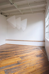 <em>29° 28' 58" N ~ 98° 30' 1" W</em>, 2007, sailcloth, string, 138" x 150" x 180”, installation: Finesilver Galler, San Antonio, TX